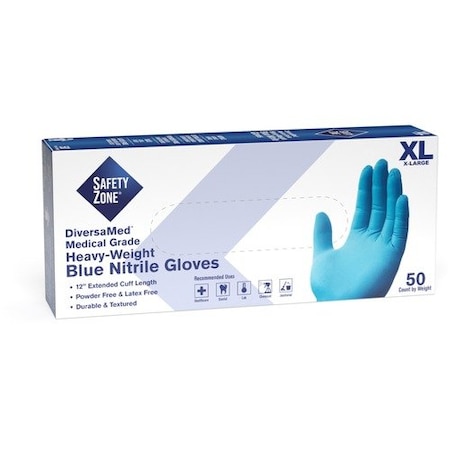 Safety Zone GNEP-T8, Disposable Gloves, 8.25 mil Palm, Nitrile, Powder-Free, XL, 50 PK, Blue SZNGNEPXL5T8